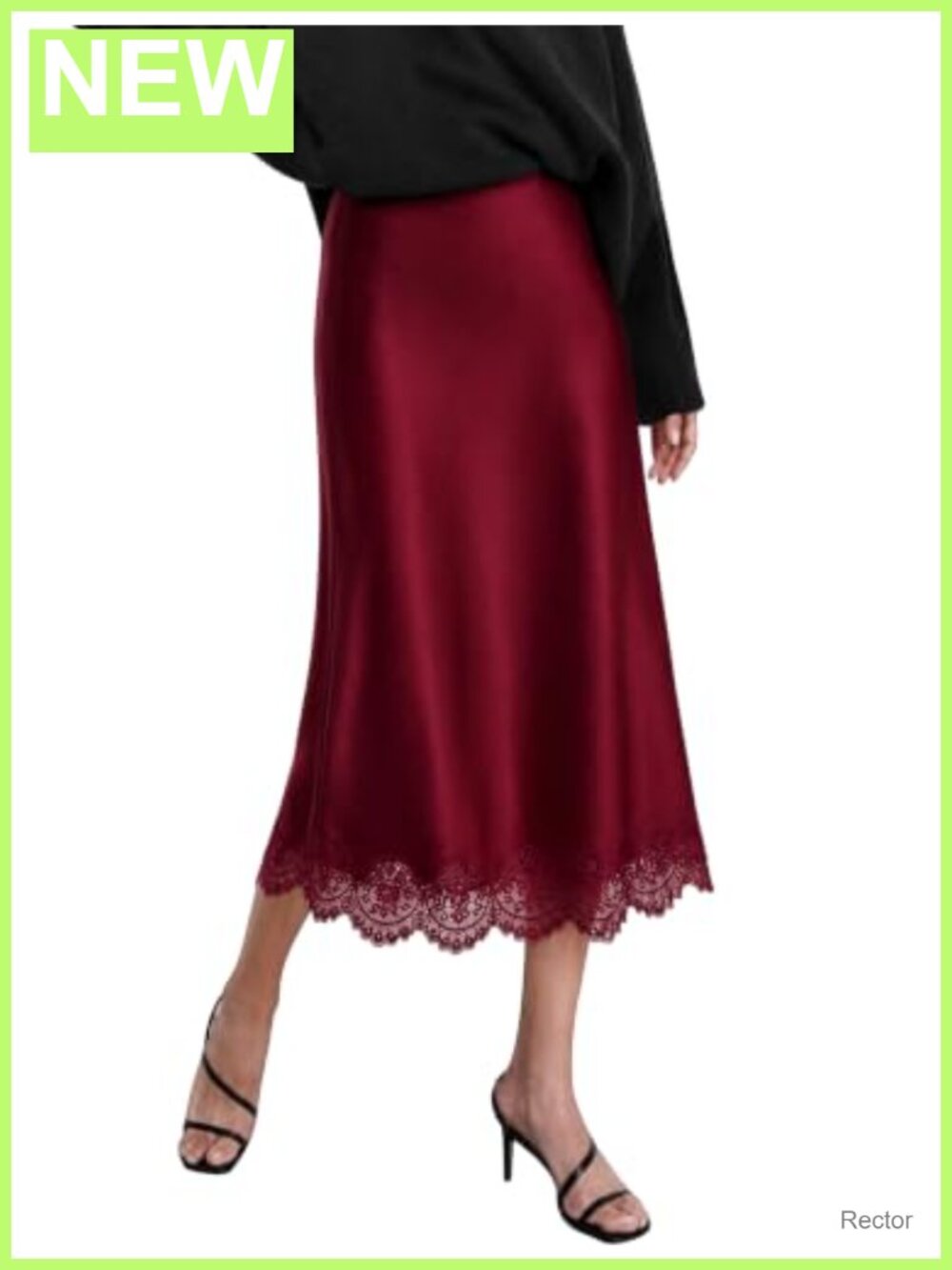 Satin Midi Skirt Lace Hem High Waist A-Line Hidden Elastic Waistband